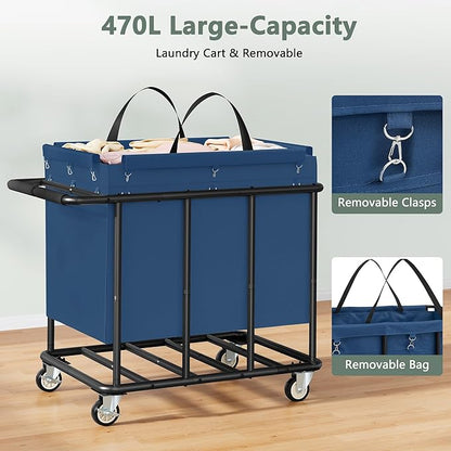 FAVOOSTY 470L Heavy Duty Commercial Laundry Cart with Wheels,Industrial Rolling Laundry Hamper, Extra Large Laundry Basket, Metal Frame for Hotel/Hospital/Home, 440lbs (Blue)