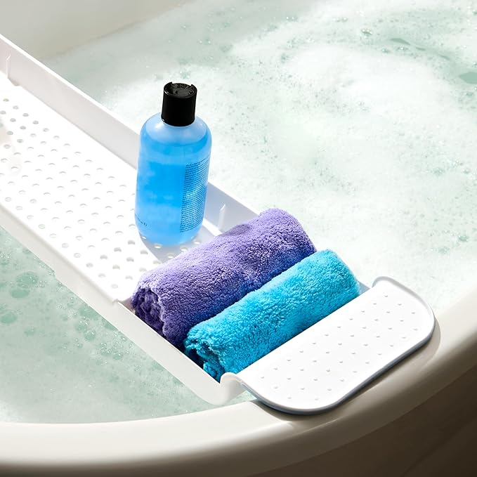 madesmart Expandable Bath Shelf, Adjustable Bathtub Tray for Bath-Night, Holds Glasses, Soaps, Toys & Bath Essentials, Non-Slip Grip, Fits Most Tubs, Blue