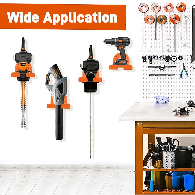 Garage Organizer Trimmer Rack, 4 Pack Weed Eater Hanger for Wall, Garden Power Tool Hanger Weed Whackers Holder Wall Mounted for Grass Trimmer, Hedge Trimmer, Garage Trimmer, Orange