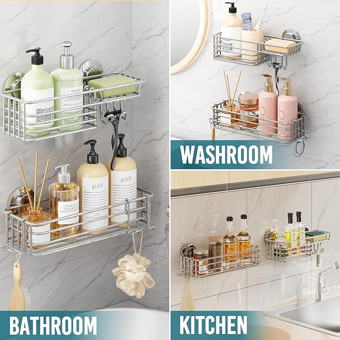 TAILI Shower Caddy Suction Cup 2 Pack with Hooks and Soap Holder, Heavy Duty Shower Organizer for Bathroom, No Drilling Silver Bathroom Suction Shelves-Silver
