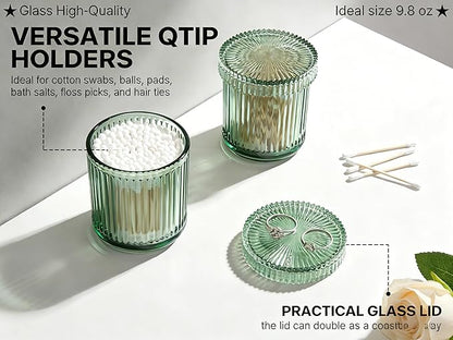 2 Pack Glass Qtip Holder Dispenser Set - Bathroom Organizer for Cotton Swabs, Balls, Pads, Floss Picks - Clear Apothecary Jars for Vanity, Makeup Storage, Bathroom Accessories Decor (Green)