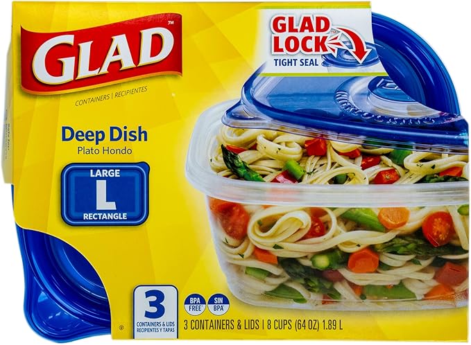 Glad GladWare Deep Dish Food Storage Containers with Lids, Large Rectangle BPA Free Plastic for Soups Salads and Meal Prep, Lock Tight Seal, Microwave Dishwasher Safe, 64 Oz, 3 Count