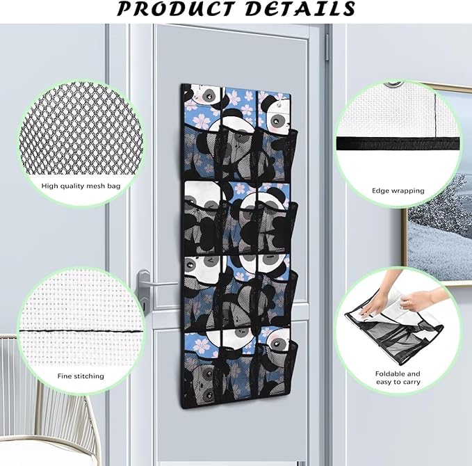 Flower Panda Over The Door Organizer with 12 Mesh Pockets, Cute Animal Print Hanging Storage Bag for Nursery & Kids Room, Durable Fabric for Toys & Diapers