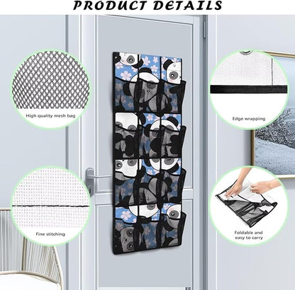 Flower Panda Over The Door Organizer with 12 Mesh Pockets, Cute Animal Print Hanging Storage Bag for Nursery & Kids Room, Durable Fabric for Toys & Diapers