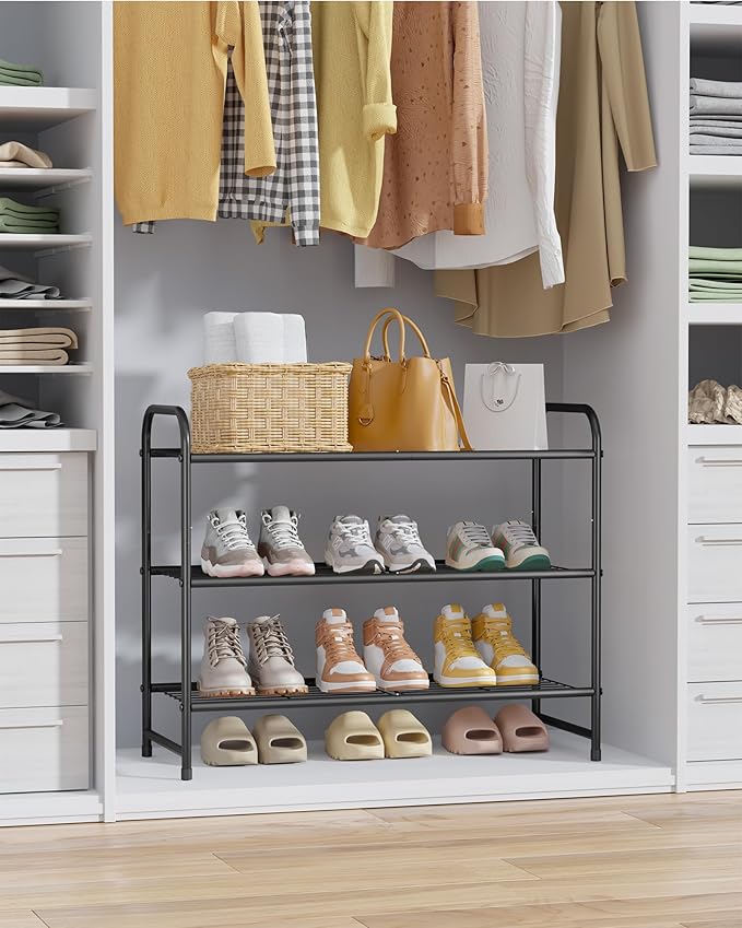 Kitsure Shoe Rack - Stainless Steel Shoe Organizer, Sturdy Shoe Rack for Closet and Front Door Entrance, Free Standing Shoe Shelf, Closet Organizers and Storage, 25.6" Wide - 3 Tier, Black