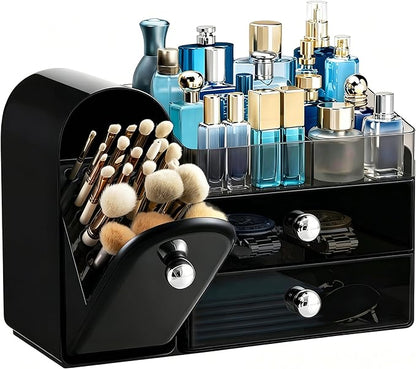 HBlife Makeup Organizer Countertop with Drawers, Vanity Organizers with Brush Holder, Bathroom Counter Organizer for Perfume, Nail Polishes, Lipsticks, Skincare and Eyeshadow Palettes, Black Silver
