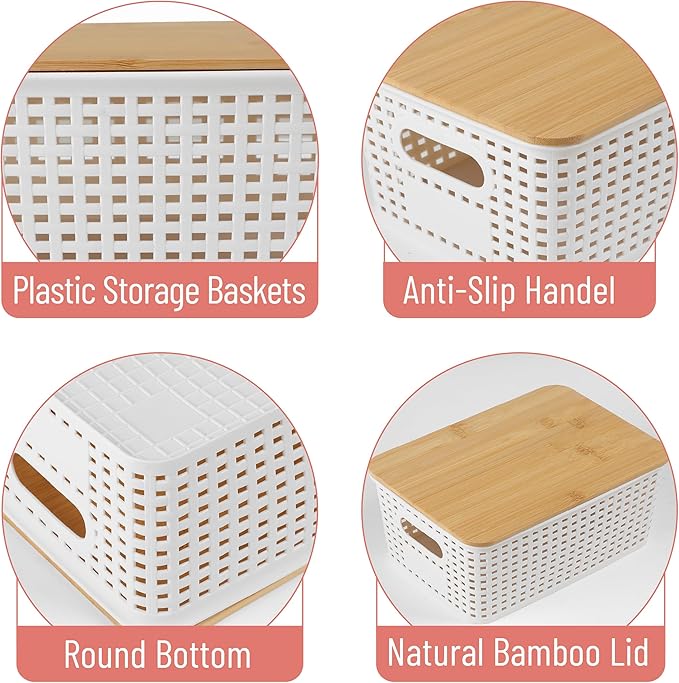 BAMBOO LAND- Plastic Storage Baskets with Bamboo Lid, 6 pcs, Cream White Small Pantry Storage Baskets with Lids