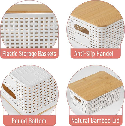 BAMBOO LAND- Plastic Storage Baskets with Bamboo Lid, 6 pcs, Cream White Small Pantry Storage Baskets with Lids