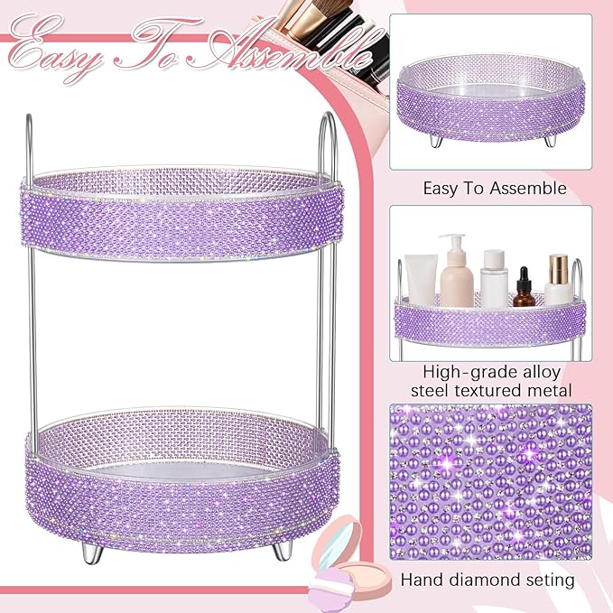 Honeydak 360 Rotating Perfume Organizer for Mother Day Nurse Day Rhinestone Bathroom Counter Organizer Makeup Holder Skincare and Perfume Storage for Cosmetic Countertop(2 Tiers,Pearl,Purple)