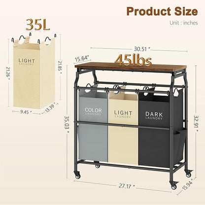 Hoctieon 3 Section Laundry Sorter Cart with Ironing Board, Laundry Hamper Basket with Shelf and Wheels, Heavy Duty Clothes Organizer, Large Clothes Separator with Removable Bags, Black+Gray+Beige