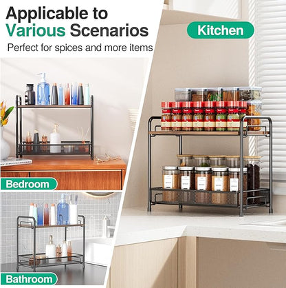 Spice Rack Organizer for Countertop with Wood Top, 2-Tier Foldable Metal Rust-Proof Standing Large Seasoning Storage Shelf with Guardrail & Mesh Design for Kitchen Cabinet Living Room, Black