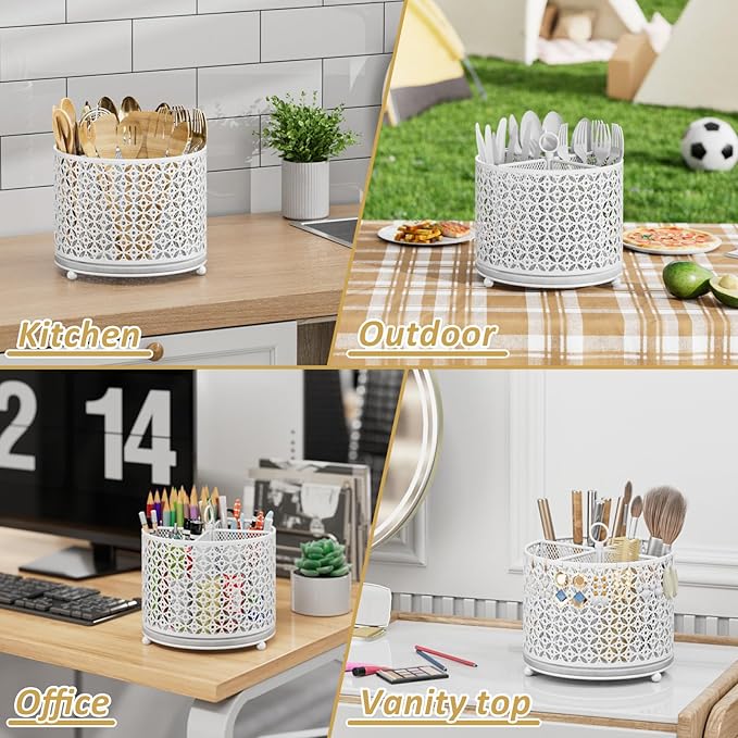 360° Rotating Kitchen Utensil Holder - Fast-Drying Utensils Caddy - 4 Compartment Flatware Silverware Organizer High Raised Cutlery Holder with Handle for Kitchen Countertop Party Picnic Table White