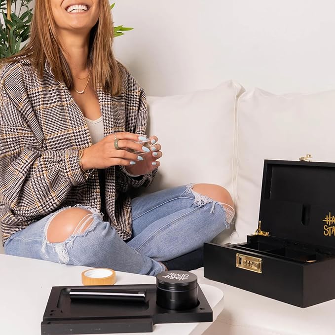 HASHSTASH The OG Storage Box - Large Bamboo Box with Combination Lock, Magnetic Lid, Organizer Tray, Airtight Tube and 3 Jars - Discreet Decorative Locking Wooden Box with Accessories (Black/Gold)