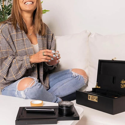 HASHSTASH The OG Storage Box - Large Bamboo Box with Combination Lock, Magnetic Lid, Organizer Tray, Airtight Tube and 3 Jars - Discreet Decorative Locking Wooden Box with Accessories (Black/Gold)