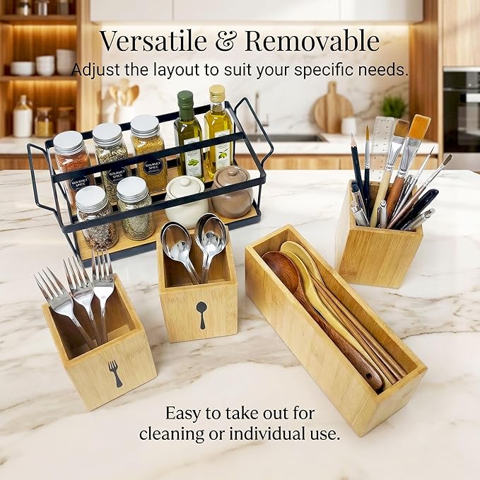 Silverware Caddy Wooden Silverware Holder Cutlery Storage Organizer Paper Plate Dispenser Flatware Cutlery Holder for Party Utensil Caddy for Spoons Forks Napkins Plates