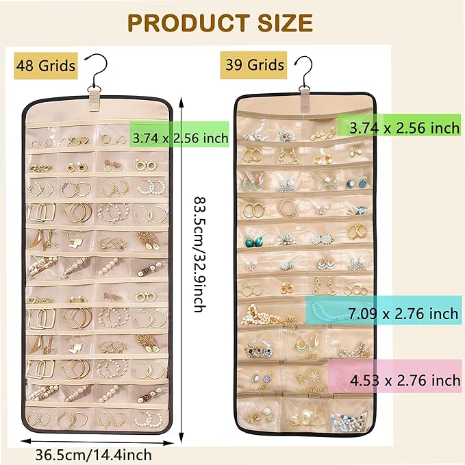 2 Pack Travel Jewelry Organizers and Storage Set: One with 48 Pockets for Earring & Ring, One with 43 Large Pockets for Bracelets & Watches, Hanging Storage Roll with Hanger for Closet Wall