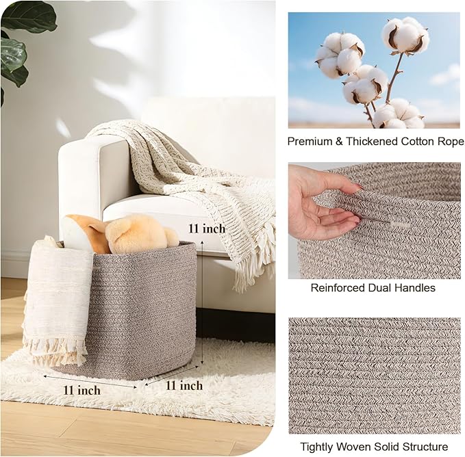 Cube Storage Bins 11 Inch Shelf Cotton Rope Baskets for Organizing, Woven Storage Basket - For Magazines, Living Room, Closet, Brown 3 Pack