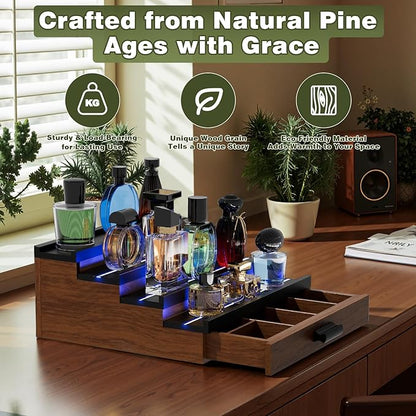 Perfume Cologne Organizer for Men: with LED Light 4 Tier Wooden Perfumes Stand, Desktop Parfum Holder Wood Display Shelf with Cabinet, Bedroom Makeup Lotion Jewelry Storage Rack with Drawer
