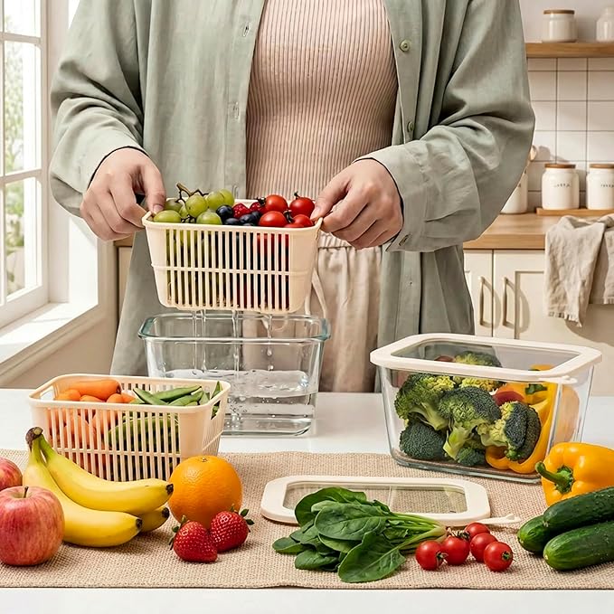 Urban Green Glass Food Storage Containers with Glass Lids, Microwave Safe Food Container Set, Aitight Meal Prep Container Set, BPA Free, 2 extra Colanders, LeakProof, 2 Pack of 60oz