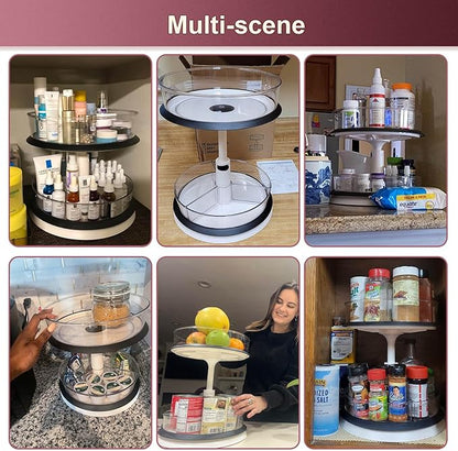 Ynelyase 2 Tier Lazy Susan Organizer Clear Turntable for Cabinet Bathroom Countertop and Pantry with Large Spice Rack (11 Inch, White)
