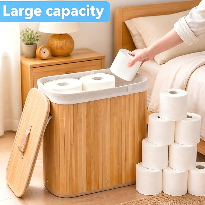 Large Bamboo Toilet Paper Basket with Lid, Holds 12 Mega Rolls, Eco-Friendly Bamboo Toilet Paper Holder, Easy to Install, Bathroom & Kitchen Storage Organizer