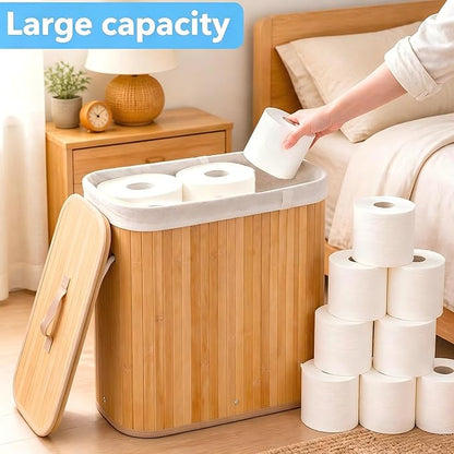 Large Bamboo Toilet Paper Basket with Lid, Holds 12 Mega Rolls, Eco-Friendly Bamboo Toilet Paper Holder, Easy to Install, Bathroom & Kitchen Storage Organizer