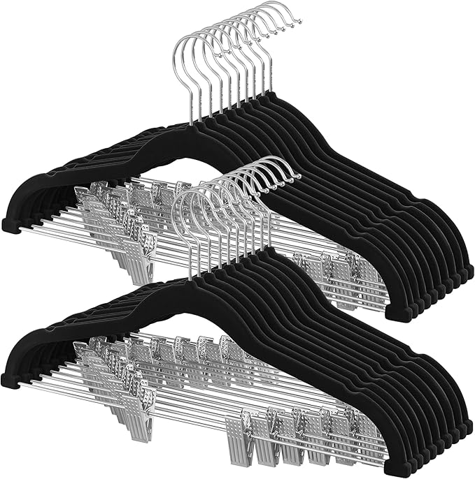SONGMICS HOME Velvet Pants Hangers with Adjustable Clips, Non-Slip Space-Saving Clothes Hangers, 20 Pack, Shoulder Notches for Skirts, Black