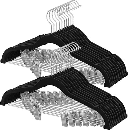 SONGMICS HOME Velvet Pants Hangers with Adjustable Clips, Non-Slip Space-Saving Clothes Hangers, 20 Pack, Shoulder Notches for Skirts, Black