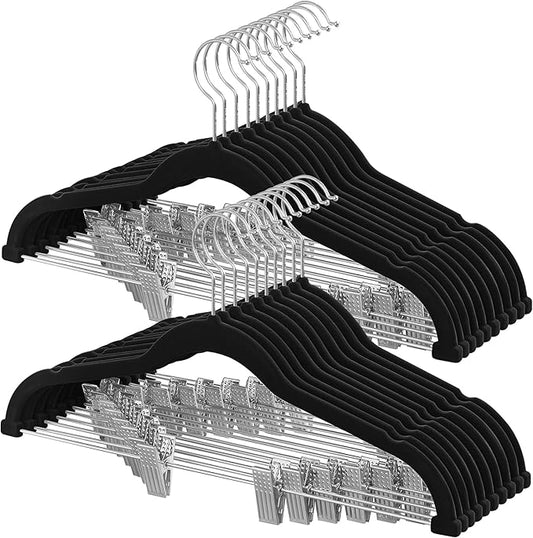 SONGMICS HOME Velvet Pants Hangers with Adjustable Clips, Non-Slip Space-Saving Clothes Hangers, 20 Pack, Shoulder Notches for Skirts, Black