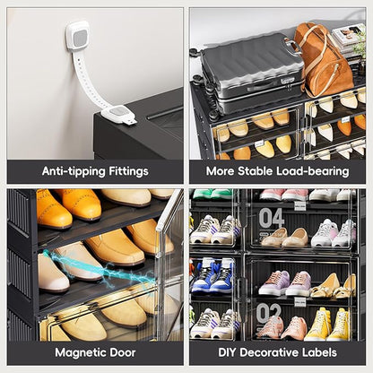 JEKO&JEKO 6 Tiers 12 Pairs Portable Shoe Organizer Storage Boxes with Magnetic Door, Folding X-Large Shoe Rack Free-Standing for Closet Entryway, Sneaker Storage Cabinet Fits US Size 12 (Black)