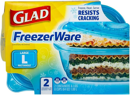 Glad GladWare FreezerWare Food Storage Containers with Lids, Large Rectangle BPA Free Plastic for Freezing Soups Meals and Batch Cooking, Crack Resistant, Microwave Dishwasher Safe, 64 Oz, 2 Count