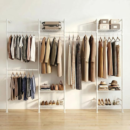 Wall Mounted Closet System – Adjustable Clothing Rack with 6 Hanging Clothes Rods( 4 Expandable Rods) & 6 Shelves, Heavy Duty Industrial Pipe Clothes Rack for Closet Organizer and Storage, White
