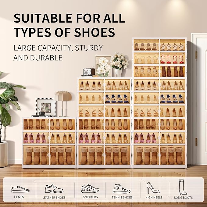 EHAMILY Foldable Shoe Rack Organizer 9-Tier, 27 Pairs Collapsible Shoe Storage Cabinet with Doors, Clear Plastic Stackable Shoe Organizer for Closet, with Boots Space, Easy Tool-Free Assembly, White