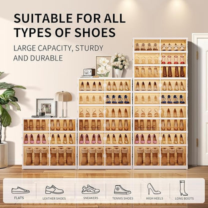 EHAMILY Foldable Shoe Rack Organizer 9-Tier, 27 Pairs Collapsible Shoe Storage Cabinet with Doors, Clear Plastic Stackable Shoe Organizer for Closet, with Boots Space, Easy Tool-Free Assembly, White