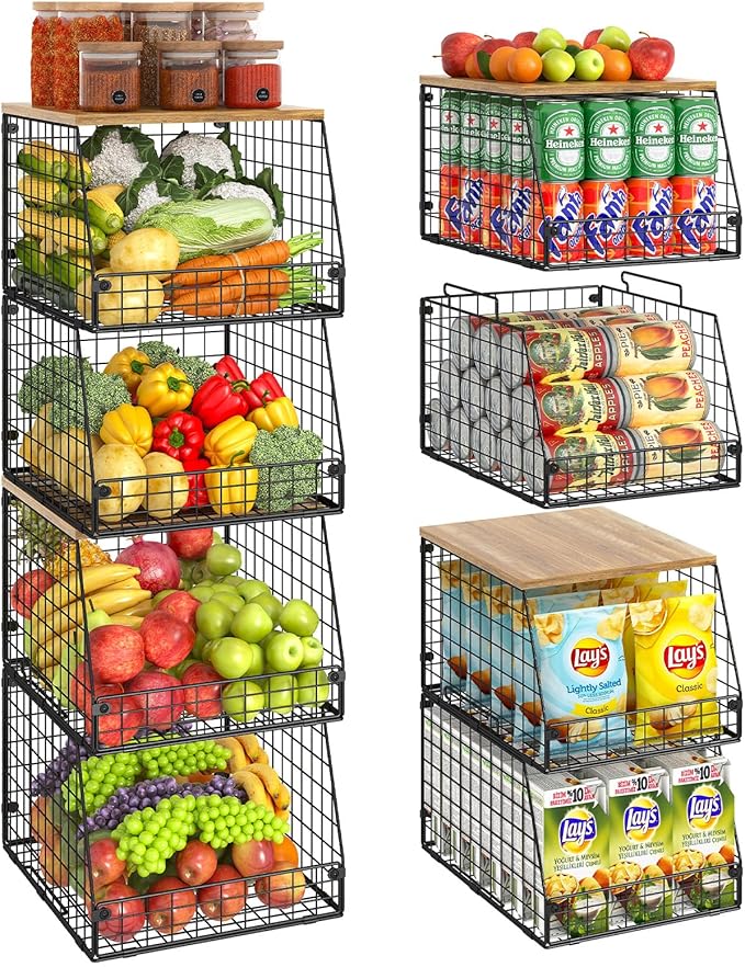 Jakyitvi 4 Pack Stackable Wire Baskets with Fixed Wooden Top, Vegetable Fruit Storage Bins for Onion Potato Snack, Pantry Baskets for Kitchen Cabinet Countertop, Pantry Organizers and Storage Rack