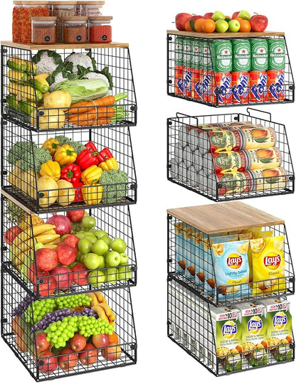 Jakyitvi 4 Pack Stackable Wire Baskets with Fixed Wooden Top, Vegetable Fruit Storage Bins for Onion Potato Snack, Pantry Baskets for Kitchen Cabinet Countertop, Pantry Organizers and Storage Rack