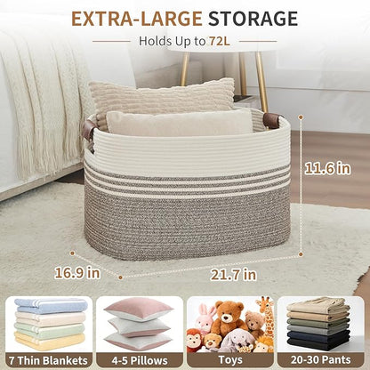 Large Woven Laundry Basket Hamper, 72L Cotton Rope Storage Bin for Blankets, Toys, Clothes, Decorative Nursery Hamper for Living Room, Baby Nursery, Bathroom, Bedroom, Kids Storage, Brown