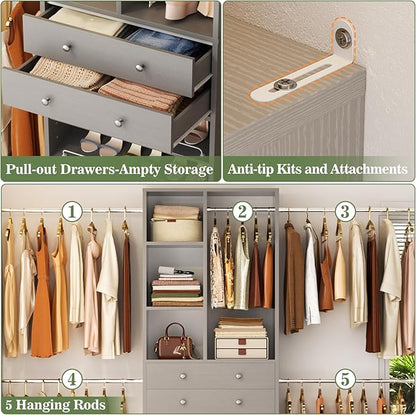 Besiost Closet System, 4.2–8.8 FT Closet Organizer with 2 Wooden Drawers and Shelves, Walk-in Closet System with 5 Hang Rods, Built-in Reach in Closet Tower, Can Fit 60 to 96 inch, Morandi Grey
