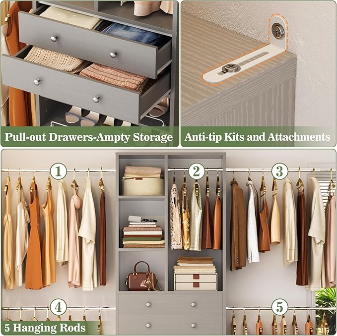 Besiost Closet System, 4.2–8.8 FT Closet Organizer with 2 Wooden Drawers and Shelves, Walk-in Closet System with 5 Hang Rods, Built-in Closet Tower, Can Fit 60 to 96 inch, Morandi Grey