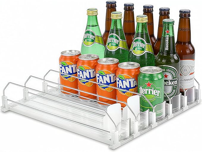 White Fridge Organizer, Automatic Can Dispenser & Drink Rack - Holds up to 25 Cans (12oz/16oz/20oz), Adjustable Gliding Soda & Beer Organizer for Refrigerator - Space Saving Kitchen Storage