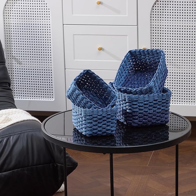 4PCS Woven Storage Baskets Set, Small Baskets for Organizing, Square Handwoven Paper Rope Organizer Bins for Shelves and Home Storage (Blue)