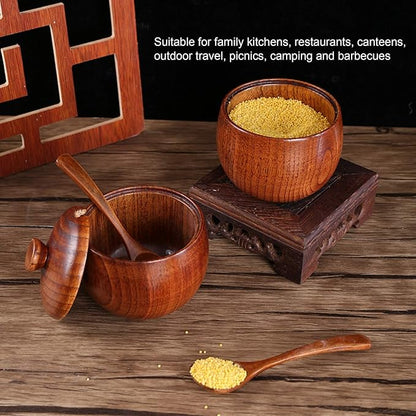 Wood Salt Cellar with Lid and Spoon, Wood Salt Container Box Small Spice Containers for Storing Seasonings, 3.5x2.4 Inches
