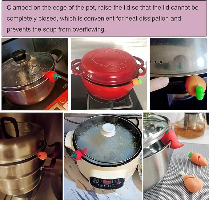 6 Pack Pot Lid Lifter Silicone Heat Resistant Spill Proof Pan Cover Stand Holder Clip Steam Releaser Stopper for Soup Pots Kitchen Gadgets (Carrot, Pepper, Chicken Leg 3 Style)