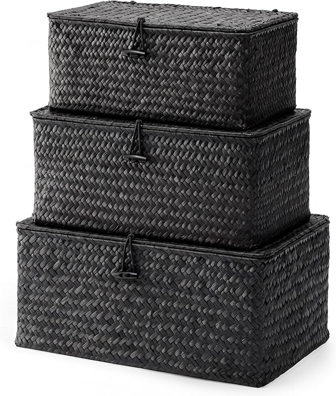 Nonam Storage Basket with Lid, Natural Seagrass Bin with Lid Set of 3, Shelf Baskets Multipurpose Container for Boho Decoration, Rectangular Household Storage Boxes for Home Organization-Black