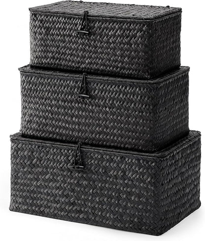 Nonam Storage Basket with Lid, Natural Seagrass Bin with Lid Set of 3, Shelf Baskets Multipurpose Container for Boho Decoration, Rectangular Household Storage Boxes for Home Organization-Black