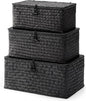 Nonam Storage Basket with Lid, Natural Seagrass Bin with Lid Set of 3, Shelf Baskets Multipurpose Container for Boho Decoration, Rectangular Household Storage Boxes for Home Organization-Black