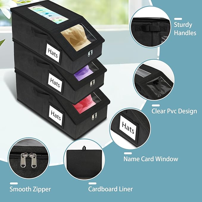 Stackable Hat Storage for Baseball Caps, 3 PCS Hat Storage Boxes for Closet, Holds up to 45 Caps with Cardboard, Hat Organizer for Women & Men(Two Clear Window)（Black）