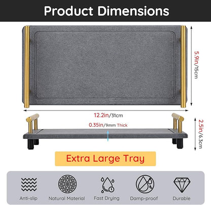 Segbeauty 12x6 Bathroom Counter Tray, Quick Dry Water Absorbing Stone Drying Tray with Handle, Fast Drying Diatomaceous Bathroom Tray Soap Dispenser Organizer Drying Stone Kitchen Bathroom Countertop