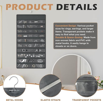 Hanging Jewelry Organizer Storage Roll, Double-Sided Necklaces Holder, 42 Pockets Plus 36 hooks Earrings Organizer Hang in Closet, On Wall, or Doors, Dark Gray