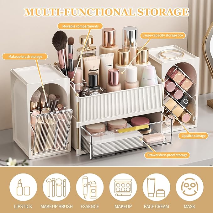 Seoneiro Makeup Organizer with Drawers, Cosmetic Storage for Dresser Countertop and Bathroom Vanity, Beauty Holder for Lipstick Brush Skincare Display case (Milky White + Transparent)